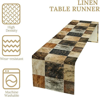 Rustic Cow Skin Patchwork Print Table Runner, Farmhouse Country Western Style Fur Table Cover for Dinning Home Party Holidays Home Setting, 13x90 Inch