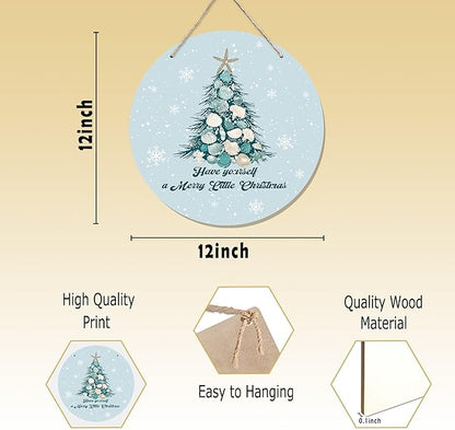 CGBHW Coastal Christmas Tree Wooden Sign, Ocean Coastal Holiday Christmas Xmas Beach Hanging Sign Wall Decor, Have yourself a Merry Little Christmas Tree Shell Beach Home Door Decor 12 x 6 Inch