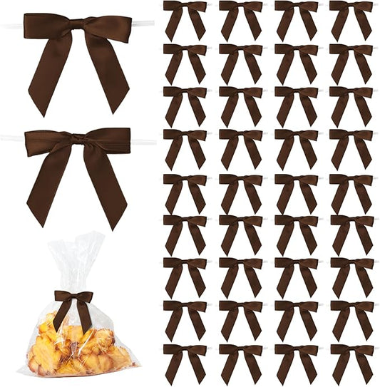 50Pcs Brown Twist Tie Bows for Gift Wrapping 2.5" Satin Ribbon Bow for Treat Bags Balloons Birthday Party Favors Wedding Decorations