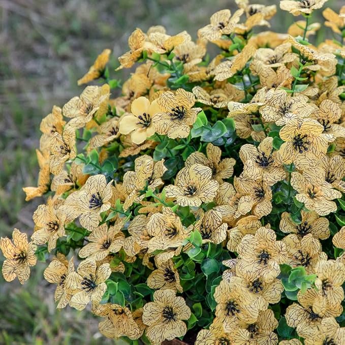 HyeFlora Artificial Fall Flowers Faux Mums for Outdoor Indoor Garden Home Decoration, Faux Flower Daisy with Eucalyptus Leaves Fake Plants Greenery Boxwood Porch Patio, 12 Bundles (Yellow)