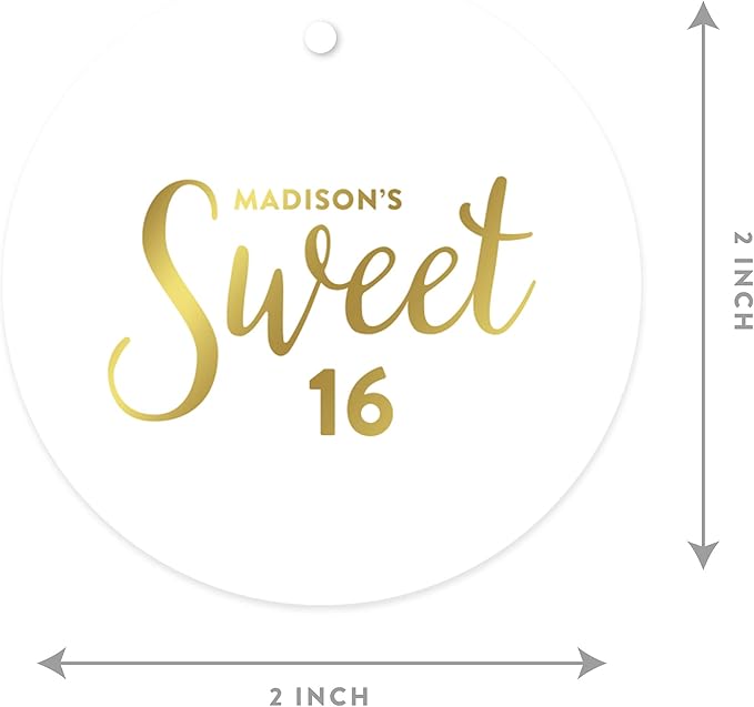 Andaz Press Personalized Round Circle Birthday Gift Tags, Metallic Gold Ink, Sweet 16 Birthday, 24-Pack, Custom Made Name, Not Gold Foil