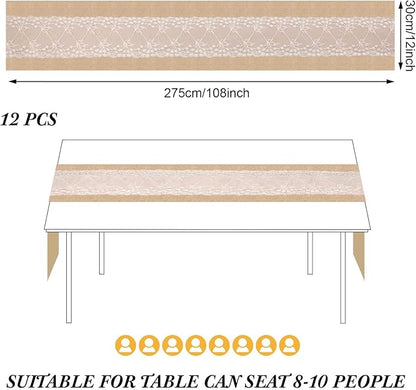 Xinnun 12 Pcs Burlap Table Runner with Lights 12 x 108 Inches Burlap Lace Table Runner Rustic Wedding Decorations Home Party (Vine)