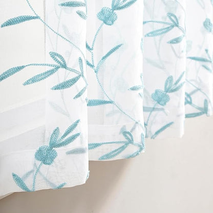 Sheer Curtains White-Blue Embroidery 63 Inch Length Rod Pocket Voile Drapes for Living room, Bedroom, Window Treatments Semi Flower Pattern Curtain Panels for Yard, Farmhouse, Set of 2, 52"x 63".