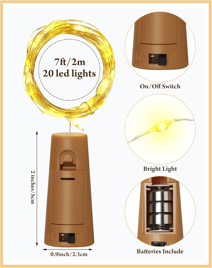 Hortsun 60 Pack Wine Bottle Lights with Cork Fairy Mini String Lights Battery Operated Mini Waterproof 7 ft Silver Wire 20 Led Cork Shape for Christmas, DIY, Party, Decor, Wedding, Bar(Warm White)
