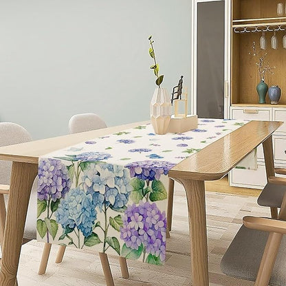 Spring Hydrangea Flower Table Runner, Seasonal Summer Plants Watercolor Florals Butterfly Dinner Runner for Home Kitchen Dining Table Party Holiday Decoration 13"x90"