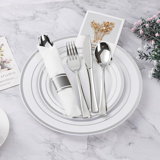 BESTVIP 100 Pack Pre Rolled Silver Plastic Silverware Set, Disposable Wrapped Cutlery Set with 100 Napkins, 100 Knives, 100 Forks and 100 Spoons for Party, Birthday
