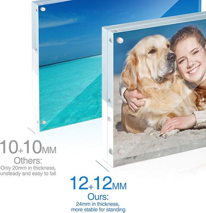 TWING 5 Pack 4 x 6 Acrylic Frame, Horizontal Magnet Double Sided 4x6 Picture Frame,12+12MM Thick Clear Frameless Desktop Display Self Standing Magnetic Acrylic Block Photo Frame