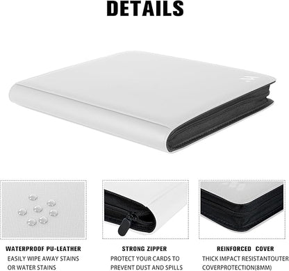 Premium 1000+ Pockets Card Binder,16 Pockets Card Binder Ringless Side Loading Trading Card Album Folder for TCG -White
