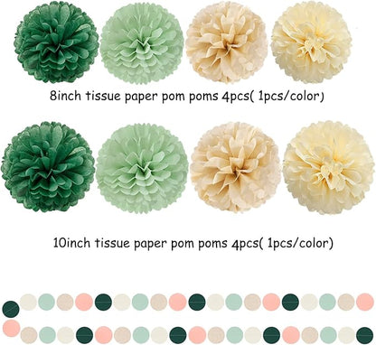 Olive-Sage Green Champagne-Gold Party Decorations - 23pcs Rustic Wedding Tissue Pom Poms Streamers, Boho Bachelorette Neutral Baby Shower Birthday Bridal Decor Ouruola