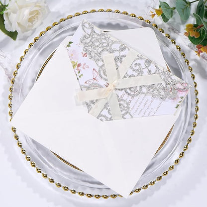 50Pcs Sliver Glitter Wedding Invitations with Envelopes and Rsvp Cards Ribbons Laser Cut Invitation Blank Inner Sheet Pearl Paper Tarjetas de Invitación Para Boda XV Anos Quinceañera Wedding Invite