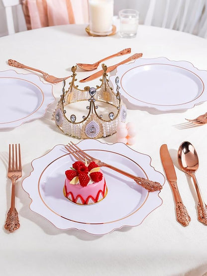 WDF 120Pieces Rose Gold Plastic Silverware - Heavy Duty Rose Gold Plastic Cutlery Set - Disposable Rose Gold Utensils - Rose Gold Flatware Includes 40 Forks, 40 Spoons, 40 Knives for Wedding
