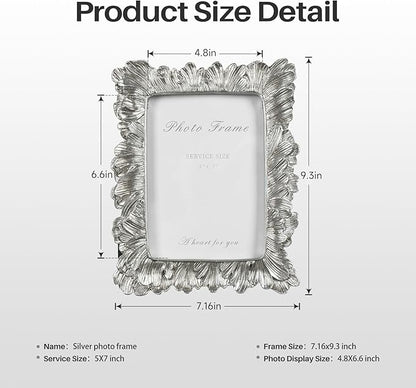 Silver 5x7 Picture Frame, Vintage Silver Palm Leaves Textured Hand-Crafted Resin with Glass Front Elegant Retro Vintage Rustic Design Photo Frame for Wall and Tabletop Display Home Decor