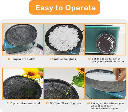 Floral Glue Pot Skillet for Crafts, Temperature Control Gage 212°F-392°F, 8.25in Diameter, Melting Pot for Glue Sticks Pellets and Beads with Degumming Stick