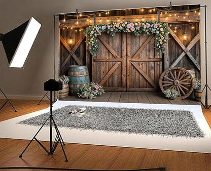 20x10ft Country Wedding Photography Backdrop Rustic Barn Door Photography Backdrop Farmhouse Pink Flower Cabin Wooden Birthday Baby Shower Wedding Bridal Party Banner Photo Booth Props Background