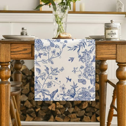 Artoid Mode Monochrome Sketch Birds and Flowers Spring Table Runner, Seasonal Summer Fall Kitchen Dining Table Decoration for Home Party Decor 13x48 Inch