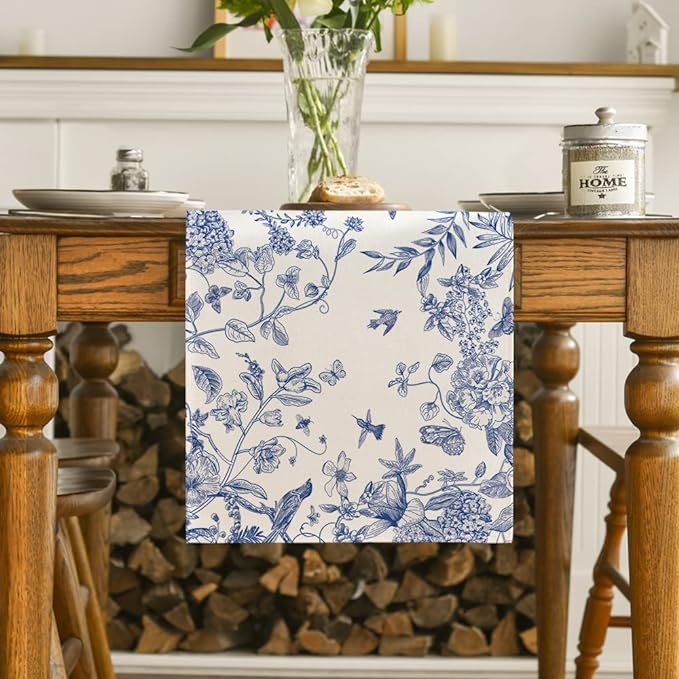 Artoid Mode Monochrome Sketch Birds and Flowers Spring Table Runner, Seasonal Summer Fall Kitchen Dining Table Decoration for Home Party Decor 13x72 Inch