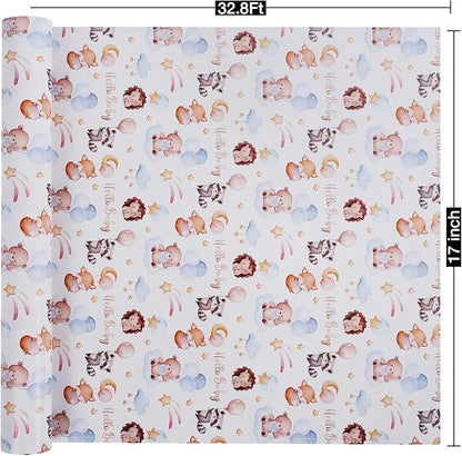 Aimyoo Baby Shower Wrapping Paper Roll - 17 Inch x 32.8 Feet - Cute Animal with Hello Baby Letter Design Perfect for Boys Girls, Birthday, Party