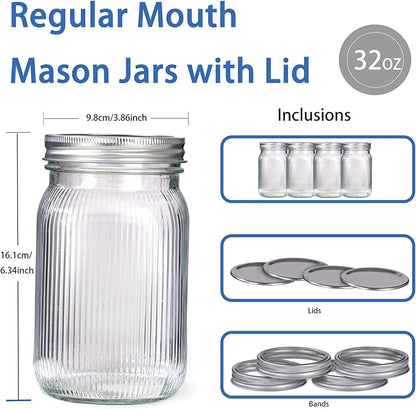 MirthMood Wide Mouth Mason Jars 32 oz with Lids, Canning Jars with Metal Airtight Lids, Quart Mason Jars for Fermenting, Pickling, Freezing, Preserving, Meal Prep, Jar Décor[2 Pack]