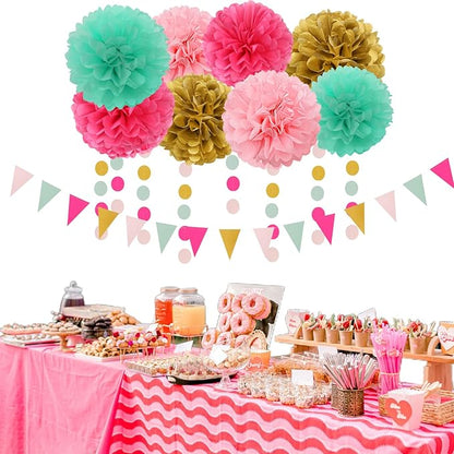 Mint Blush Hot-Pink Gold Party-Decorations - 30pcs Tissue Pom Poms Streamers, Girls Birthday Tassel Garland Banner,Wedding Engagement Baby Bridal Shower Bachelorette Brunch Decor Ouruola