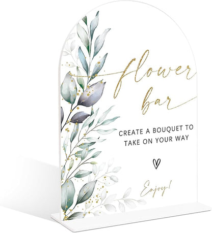 Acrylic Wedding Signs, Greenery Theme Flower Bar Sign, Wedding Reception Signage, Bridal Shower Table Decor with Stand, Flower Bar Supplies for Engagement, Anniversary, Newlywed Event and Party, 03