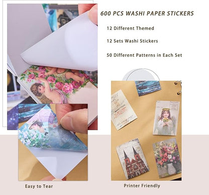 12 Sets 600 Sheets Washi Stickers for Journaling, Map Nature Celestial Portrait Boho Stickers Vintage Aesthetic Scrapbook Sticker Set for Bullet Journal Art Diary Card Craft Gifts Planner Notebook