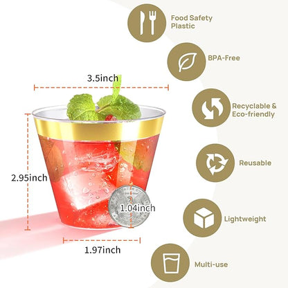 [200 Pack] 9oz Clear Plastic Cups with Gold Rimmed Sturdy & Food Safe Disposable Wine Glasses Party Wedding Cups Disposable Drinking Cups Plastic Cocktail Glasses for Wine, Juice & Cold Beverages