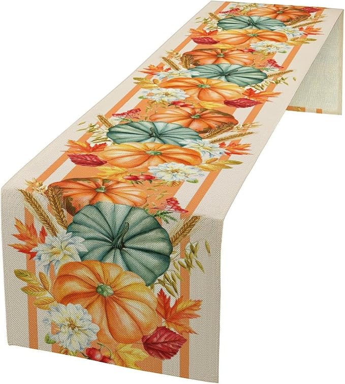 Autumn Table Runner,Orange Pumpkin Flowers Leaves Fall Table Runners Seasonal Kitchen Dining Table Decor for Thanksgiving Harvest Home Holiday Party 13x60 Inch