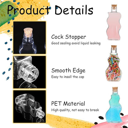 60 Pcs Plastic Sand Art Bottles with Corks and Funnels, 2.5 oz Clear Containers in 3 Styles for Wedding Invitations, Fun Crafts, DIY Projects, Party Decorations