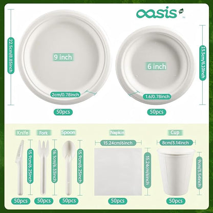 350PCS Disposable Paper Dinnerware Set for 50 Guests, Compostable 50 Dessert Plates, 50 9 inch Plates, 50 Cups, 50 Spoons, 50 Forks, 50 Knives and 50 Napkins, Perfect for Parties(White)