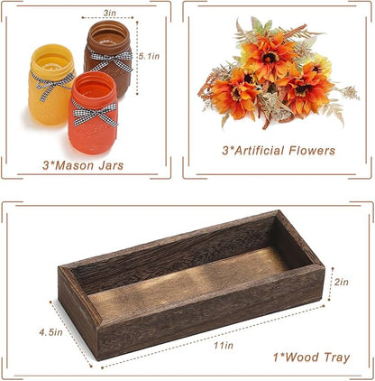 Fall Mason Jar Centerpiece for Table with Artificial Flowers, Set of 3 Thanksgiving Mason Jars Farmhouse Painted Decorative Jars for Thanksgiving Fall Home Decor, Thanksgiving Dinner Table Centerpiece