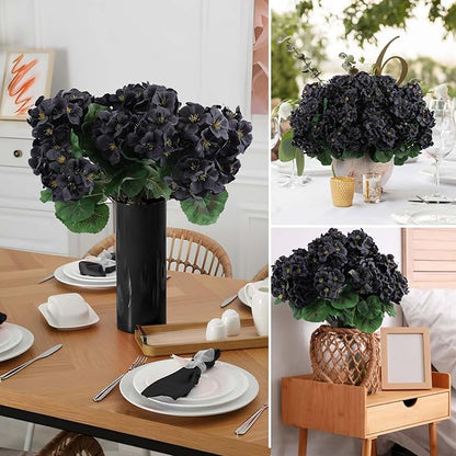 Hananona 6 Pcs Artificial Geranium Flowers for Outdoors Geranium Silk Flowers Outdoor UV Resistant Garden Plants Faux Black Flower for Home Kitchen Halloween Table Centerpieces Decor (6, Black)