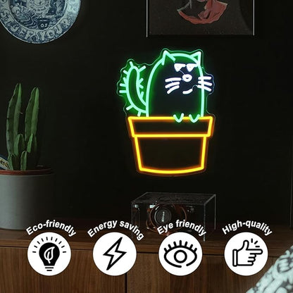 Cactus Cat Neon Sign Funny Animal LED Signs for Wall Novel Potted Plant Neon Light Dimmable Cartoon Neon Lights Signs for Bedroom Man Cave Porch Party Decor USB Powered