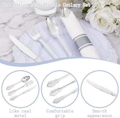 400PCS Pre Rolled Silver Plastic Silverware Sets - Heavy Duty Fancy Silver Cutlery - Include 100 Pack Wrapped Disposable Utensils with Napkins for Parties, Dinners & Weddings