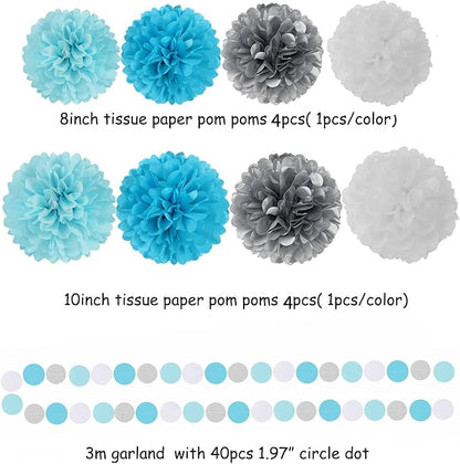 Royal-Light Blue Silver Party Decorations - 30pcs Tissue Pom Poms Streamers,Birthday Tassel Garland Banner,Graduation Wedding Engagement Baby Bridal Shower Decor Ouruola