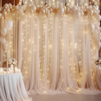 10×10ft Champagne Tulle Backdrop Curtain with Lights String for Parites, Sheer Photo Curtain Backdrop Drapes for Wedding Party Photography Backgrounds
