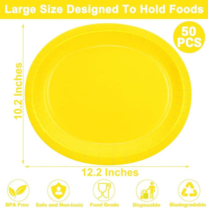 50 Pcs Party Decorations, 12.2'' X 10.2'' Oval Large Paper Plates, Yellow Disposable Paper Plates, Heavy Duty Paper Plates for Birthday Party Wedding Picnic Baby Shower Barbecue Holiday Daily Use