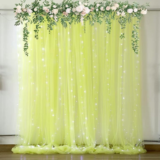 Yellow Tulle Backdrop Curtains with Lights String for Birthday Party Photoshoot 10ft × 8ft Sheer Backdrop Curtains for Baby Shower Wedding Background Decorations 2 Panels 5×8ft