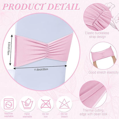 Moukeren 100 Pcs Spandex Chair Sashes Bows Chair Bands Slider Sashes for Chair Covers Elastic Chair Bands Ties Ribbon Chair Decorations for Wedding Party Events Ceremony Birthday Banquet(Light Pink)