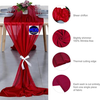 MDS 5 Pack 10ft Chiffon Table Runner 29 x 120 Inches Sheer Wedding Runner Romantic Rustic Table Runner for Wedding Decorations, Birthday Parties, Bridal Shower Party Arch Decor - Apple red