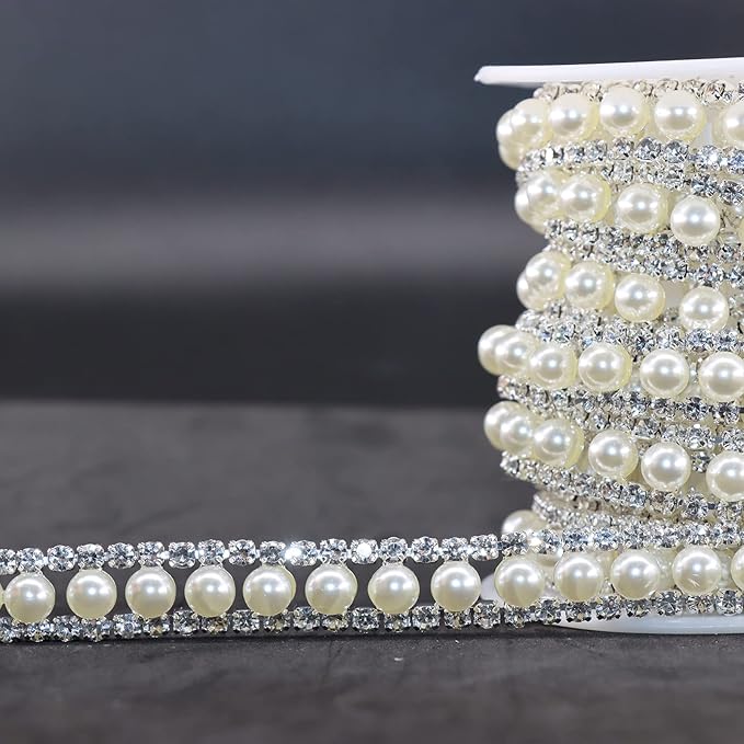 Jerler Rhinestone Trim Applique 5 Yards 2 Rows Crystal Chain Banding Diamond Inlaid White Pearl Beaded Rhinestones for Crafts Clothing and Bridal Embellishments Wedding Ideas Christmas Decorations