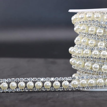 Jerler Rhinestone Trim Applique 5 Yards 2 Rows Crystal Chain Banding Diamond Inlaid White Pearl Beaded Rhinestones for Crafts Clothing and Bridal Embellishments Wedding Ideas Christmas Decorations