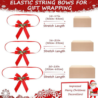Christmas Bows for Gift Wrapping, 24 Elastic Red Stretch Loops with Bows,3 Sizes Red Bows Ribbon Crafts Perfect Boxes, Party Favors and Weddings