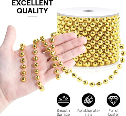 Craft String Pearls 8MM Pearl Bead, 33 Feet Gold Faux Pearl Garland Spool Roll Strand Wedding Party Decoration, Christmas Tree Decorations