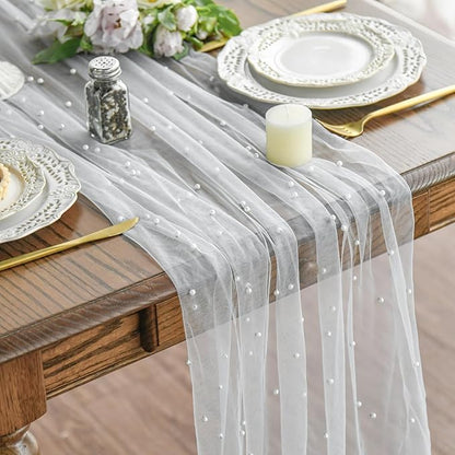 Artoid Mode Pearl Gauze Table Runner 120 Inch 10FT, Seasonal Sheer Dining Holiday Wedding Birthday Baby Shower Table Decor for Home Party
