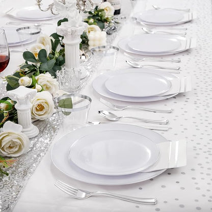 Festiva 176Pcs Silver Plastic Christmas Plates - Party Plates and Cups and Napkins Sets: 25Dinner Plates 25Dessert Plates 25Cups 25 Cutlery 25 Napkins 1Tablecloth for New Year Party&Wedding&Christmas