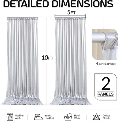 Silver Satin Backdrop Curtains 2 Panels - Glitter Photo Drapes for Baby Shower, 10x10FT Shimmer Back Drop Decor, Wrinkle Free for Birthday Party Prom Wedding Anniversary Background