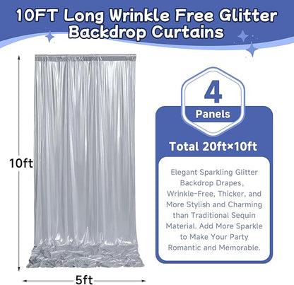 leegleri 20x10ft Thick Silver Glitter Backdrop Curtain Panels for Parties, Wrinkle Free Sequin Sparking Photo Backdrop Drapes, 4 Panels 5x10ft Shimmer Back Drop Cloth for Wedding Birthday Photography