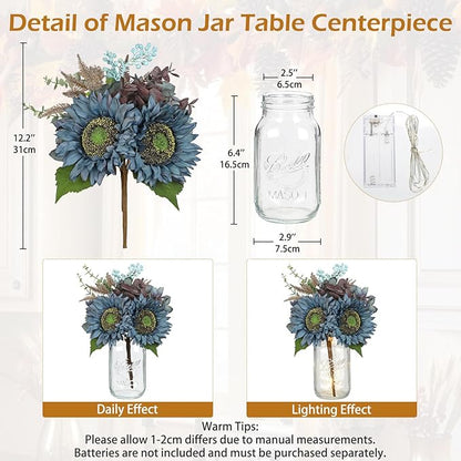 Silk Sunflowers Artificial Flowers with Mason Jar Centerpiece for Table Blue Fall Flowers in Vase Small Fall Floral Arrangement with Vase Thanksgiving Centerpiece for Dining Room Table Autumn Decor