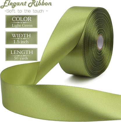 Light Green Solid Satin Ribbon 1-1/2 Inch 50 Yards Solid Polyester Fabric Ribbon for Gift Wrapping Wedding Christmas Baby Shower Birthday Party Decoration Handmade Immortal Flower Craft