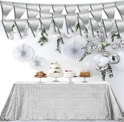 20M/65FT Silver Triangle Pennant Banner Flag Metallic Fabric Bunting Garland for Christmas Graduation Wedding Engagement Anniversary Bachelorette Birthday Bridal Shower Valentines Hen Party Supplies
